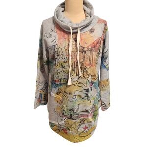 Inoah Tunic Sweatshirt Grey Multi M Abstract Graphic Cowl Neck Wearable Art